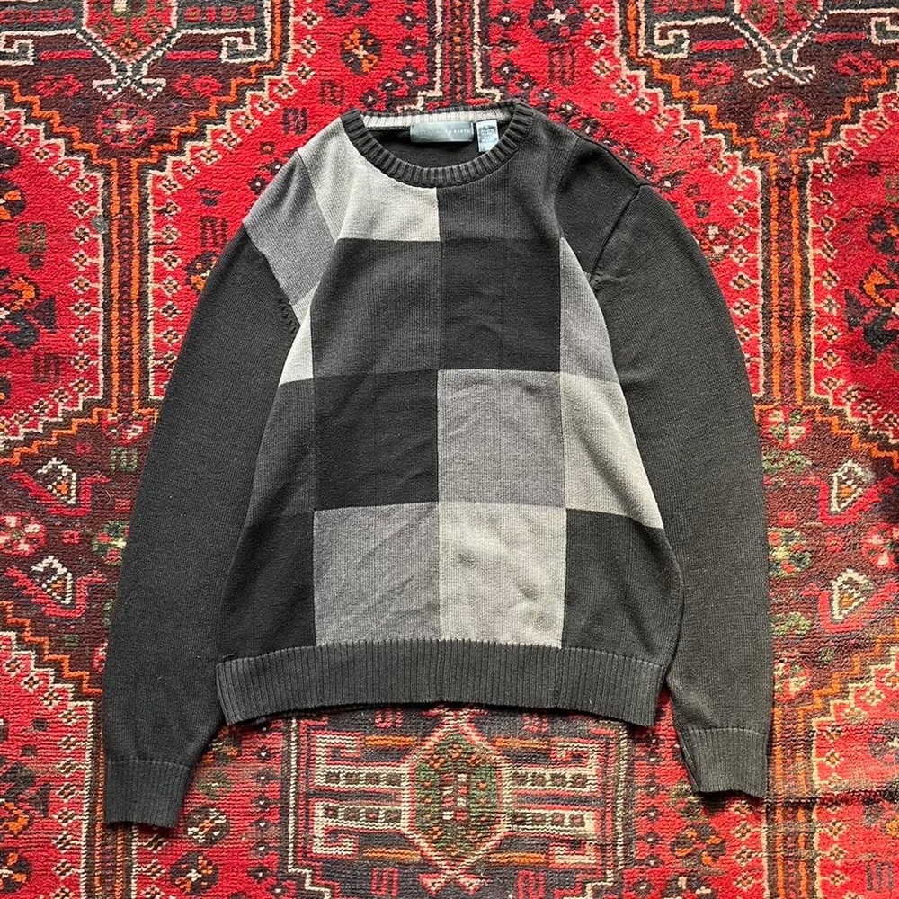 Oscar de la Renta Black and Gray Checkered Sweater